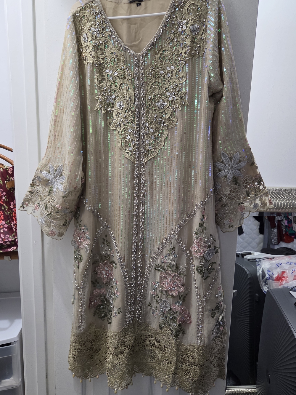 Beige Embellished Long-Sleeve Floral Occasion Dress